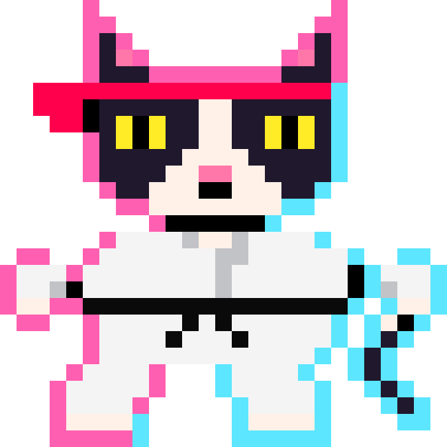 Moo, a pixel-art tuxedo cat in a karate gi